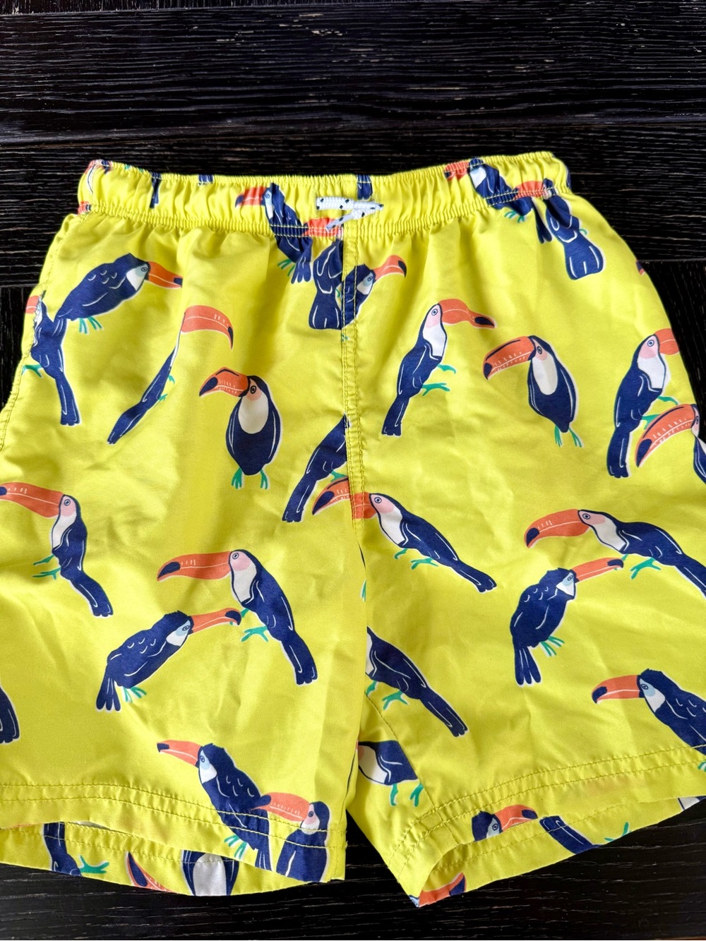 Mini Boden Bright Yellow Toucan Print Swim Shorts, Size 9-10